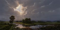 a painting of the sun shining through clouds over a swampy area with trees and water