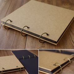 four different views of an open notebook on a wooden floor, with the pages lined up and closed