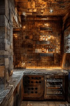 an old kitchen with brick walls and wooden flooring is lit up by lights from the ceiling