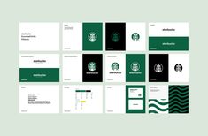 the starbucks brand identity is depicted in green and white colors, including black and white