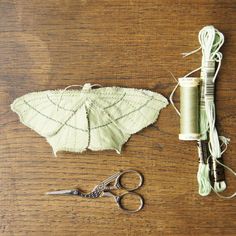 a pair of scissors and some thread on a table