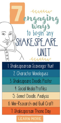 seven engaging ways to begin any shakespeare - themed unit with text overlaying the image