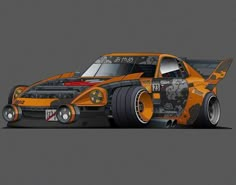 an orange and black race car on a gray background