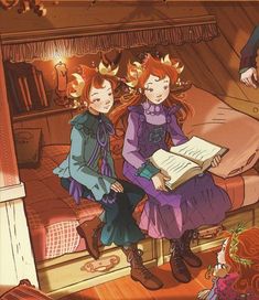 two children are sitting on a bed reading books