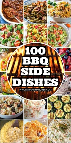 the words, 100 bbq side dishes are shown in this collage with images of different