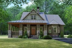 this is a computer rendering of a small cabin style house with porches and windows