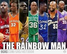 an image of the rainbow man basketball team in different colors and numbers on their uniforms