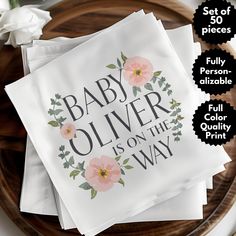 ⭐️ Fully Customizable | Bulk Pricing | Premium Quality ⭐️ Celebrate the arrival of Baby Oliver in style with our personalized baby shower napkin! Featuring a lovely floral design and elegant lettering, these napkins are perfect for any baby announcement party or baby shower. They add a charming touch to your celebration and make cleanup a breeze. Make your event memorable with these delightful napkins, ideal for welcoming Baby Oliver and celebrating this special occasion. I specialize in... ➡️Full Color Printed Napkins - Unlike many competitors offering single-ink prints, I provide vibrant, multi-color, high-quality prints at an affordable price. - Easily select your quantity from the dropdown menu and watch the price per napkin decrease for larger orders. 👉 Two Napkin Sizes - Beverage (4 Girl Baby Announcement, Elegant Lettering, Baby Shower Napkins, Printed Coasters, Custom Napkins, Printed Napkins, Event Supplies, Personalized Baby Shower