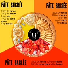 a pie with some strawberries on it and the words pate sucre written in french