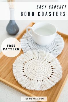 crochet coasters on a wooden tray with coffee cup