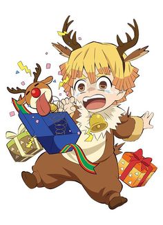 an anime character running with presents in his hand and reindeer's head sticking out