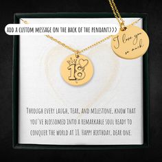 Why this 18th Birthday necklace is for YOU! ✅ Eternalize a significant moment ✅ A gift straight from the heart ✅ The perfect gift for birthdays, anniversaries, memorials, achievements, etc. How it works? Choose your favorite color (Silver, Gold or Rose Gold) Add a custom message to personalize the back of the pendant (optional) (you can add any text, date, coordinates or symbols) Once your order is received, our professional designers will start working on it asap to ensure a qualitative product and a fast delivery. What to expect? A beautifully engraved necklace, which you helped create!. The necklace will be packed in a gift box. Specifications - Necklace size: 56 cm - Pendant size: 20 mm - Material: stainless steel This is a personalized item, and it will be ready to ship within 2-8 bus Necklace For Girls, Straight From The Heart, Birthday Necklace, Birthday Jewelry, Engraved Necklace, Girls Necklaces, 18th Birthday, Necklace Sizes, Custom Engraving