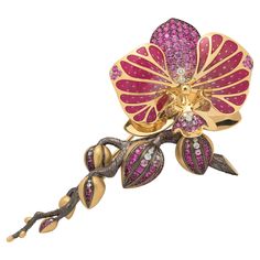 Pink Sapphires Diamonds Enamel 18 Karat Yellow Gold Big Orchid Brooch Orchid symbolized at different times a lot of things. Greek women had a theory that they could manipulate the sex of their unborn baby with the roots of an orchid. The Aztecs were said to mix a drink with the extract of a vanilla orchid with chocolate and this would give them strength. During the Middle Ages, orchid extracts were used to help cure illnesses. And so on. Orchids have a long history, and this is one of the most perfect creations of nature, and it is not without reason that many call them "aristocrats" among plants. Take a look at our orchid. This Brooch is made of 18 Karat Yellow Gold, 122 Pink Sapphires weighing 3.24 Carat, Diamonds and Enamel. Please draw your attention to the incredible smoothness of lin Antique Cocktail Ring, Orchid Jewelry, Greek Women, Gold Orchid, Sapphire Cocktail Ring, Pink Sapphire Ring, Red Jewelry, Diamond Cocktail Rings, Orange Sapphire