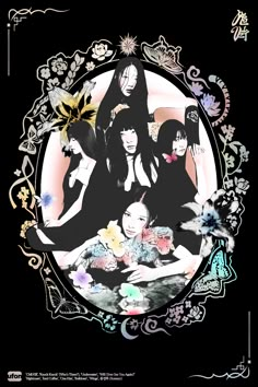 an image of four women in black and white with flowers on the bottom right corner