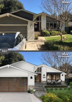 before and after photos of a house with garage doors open, the front door has been painted white