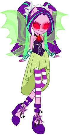 an image of a cartoon character with purple hair and green eyes, wearing striped tights