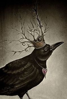 a drawing of a black bird with a crown on it's head and branches in its beak