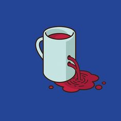 a coffee cup with red liquid coming out of it on a blue background that appears to be spilled