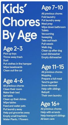 an advertisement for children's chores by age, with the names and numbers on it