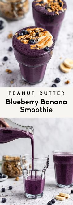 Peanut Butter Blueberry Banana Smoothie | Ambitious Kitchen Blueberry Peanut Butter Smoothie, Peanut Butter And Blueberry, Sneak In Veggies, Peanutbutter Smoothie Recipes, Peanut Butter Blueberry, Banana Smoothie Healthy, Blueberry Banana Smoothie, Smoothie Fruit, Sweet Potato Cinnamon