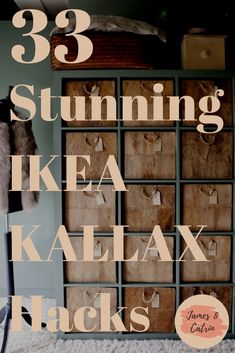 an image of a closet with clothes hanging on it and the words 33 stunning ikea kallax hacks