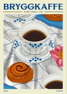 a coffee cup and saucer on a table cloth with some cookies next to it