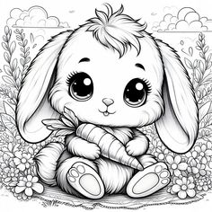 a black and white drawing of a bunny sitting on the ground with flowers in the background