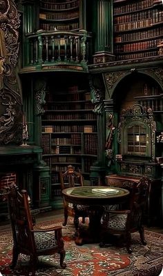 an old library with green bookshelves and antique furniture in the corner, along with a round table surrounded by chairs