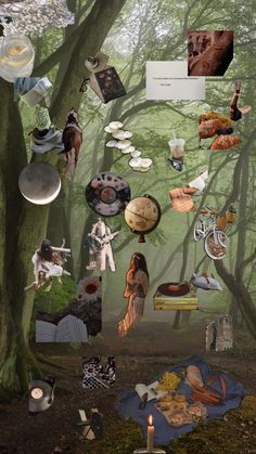 a collage of photos and pictures in the woods with trees, candles, plates, and other objects