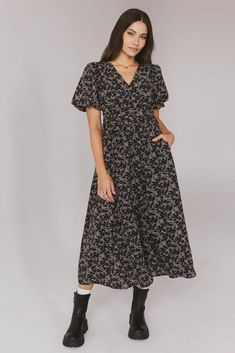 Elladine Floral Midi Dress | böhme Leopard Print Bow, Maxi Outfits, Layered Sweater, Short Loungewear, Skirt Jumpsuit, Dresses By Length, Floral Midi Dress, Black Dresses, Waist Length