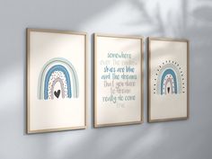 three framed art prints on the wall in a room with white walls and blue accents