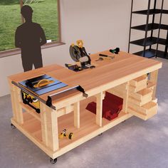 a workbench with tools on it and a man in the background looking at a window