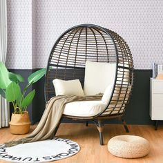 a living room with a chair, rug and potted plant on the floor next to it