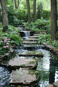 an outdoor garden with water features and trees in the background, along with stepping stones leading to a waterfall