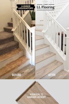 the before and after shots of a white stair case with wood flooring on it