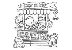 a drawing of a cat shop with lots of items