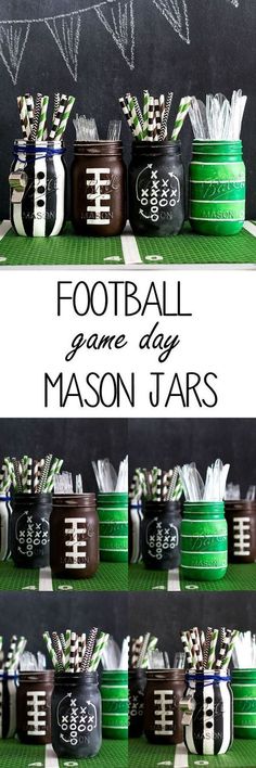 football game day mason jars with green and white striped paper straws in each jar