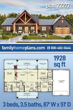 the floor plan for this house has three beds, 3 bathrooms, and an attached garage