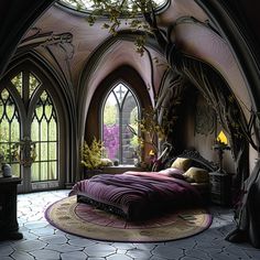 a bedroom with arched windows and a purple bed