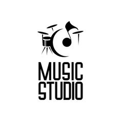 the logo for music studio, which is designed in black and white with an image of drums