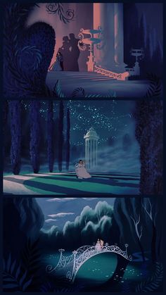 the animated scene is shown in three different stages