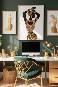 an office with green walls and gold artwork on the wall, along with a computer