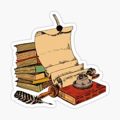 a stack of books with an old phone and feather quill on top sticker