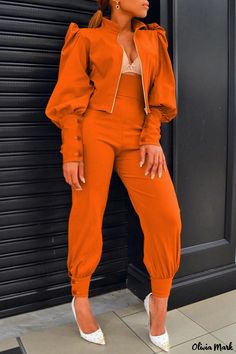 Olivia Mark - Premium Womens Solid Blue Patchwork Mandarin Collar Two-Piece Blouse Set with Long Sleeves Orange Outfit, Two Piece Pants Set, Zipper Shorts, How To Hem Pants, Outfits Winter, Long Puff Sleeves, Zipper Jacket, Short Coat, Casual Sets