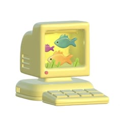 an old computer with a fish on the screen