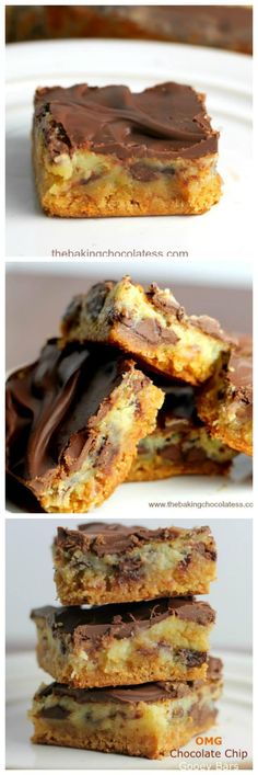 three different views of chocolate chip cookie bars