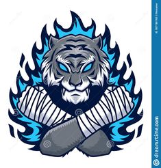 the detroit tigers logo is shown with blue flames and an angry tiger's head