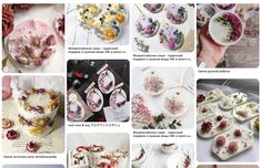 many different pictures with flowers on them and some dishes in the middle one has been made