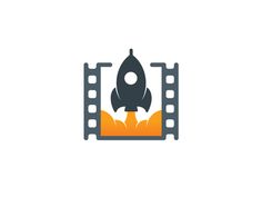 an orange and black rocket is in the middle of a film strip with two films around it