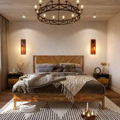 a bed room with a neatly made bed and a chandelier hanging from the ceiling